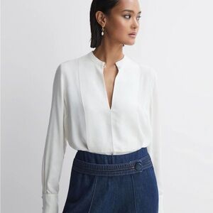 Reiss Ribbon Front Grandad Collar Blouse in Cream